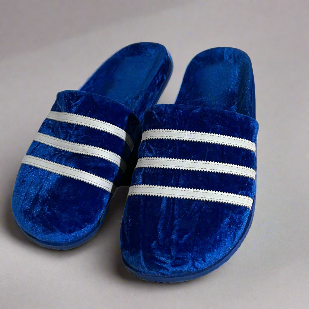 Blue 3 Stripe Velvet Slipper Slides