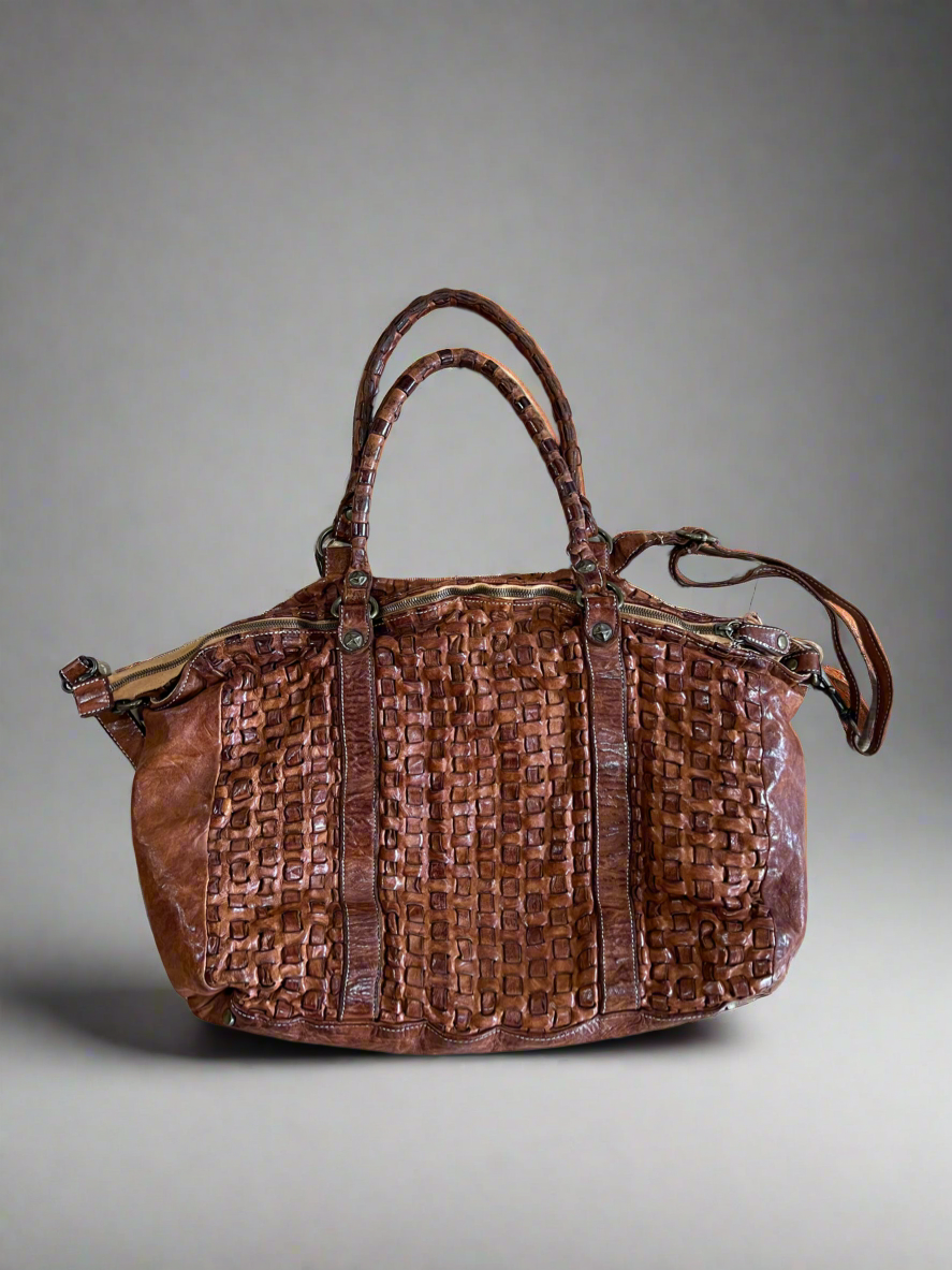 Vintage Langellotti Brown Hand-woven Leather Crossbody Satchel Tote Bag