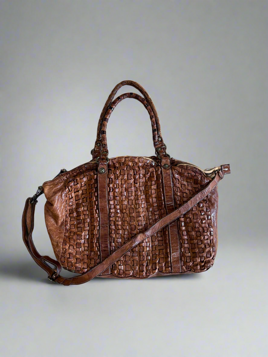 Vintage Langellotti Brown Hand-woven Leather Crossbody Satchel Tote Bag