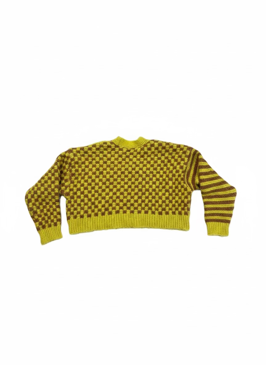 Zara Women’s Yellow Brown Checkered Stripe Cropped Cardigan