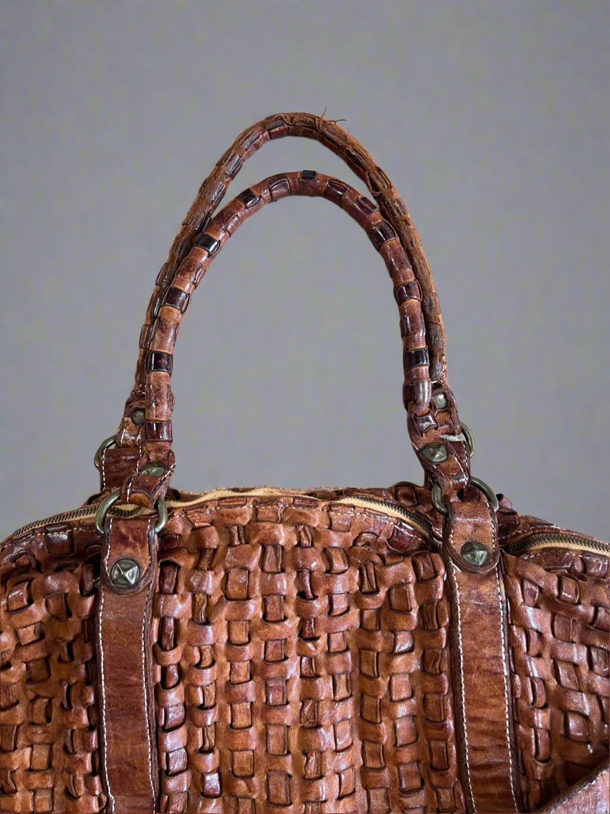 Vintage Langellotti Brown Hand-woven Leather Crossbody Satchel Tote Bag