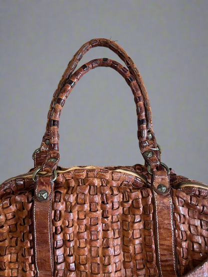 Vintage Langellotti Brown Hand-woven Leather Crossbody Satchel Tote Bag