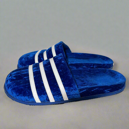 Blue 3 Stripe Velvet Slipper Slides
