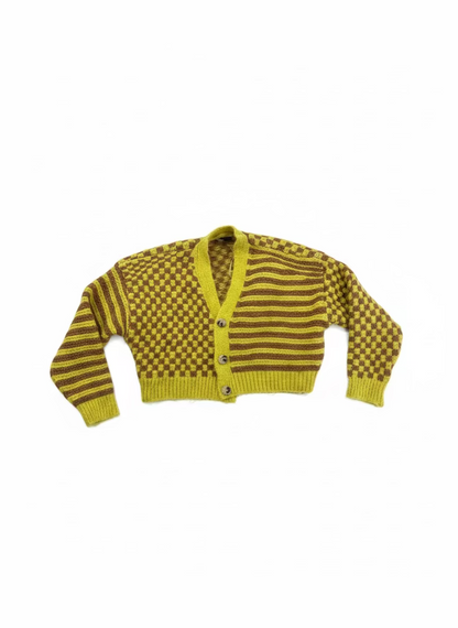 Zara Women’s Yellow Brown Checkered Stripe Cropped Cardigan