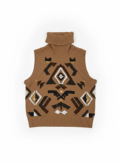 Gwen Stefani L.A.M.B. Sleeveless turtleneck sweater with hand beaded tribal print