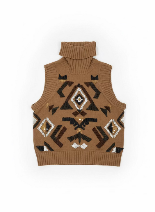 Gwen Stefani L.A.M.B. Sleeveless turtleneck sweater with hand beaded tribal print
